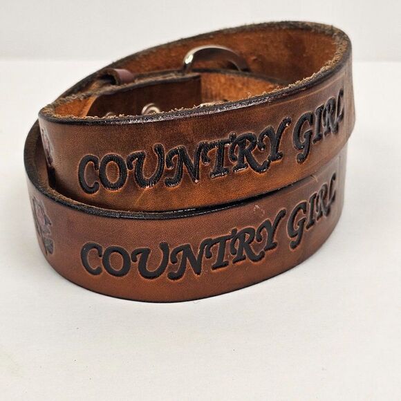 Vintage Brown Genuine Leather Western Country Girl Red Rose Embossed Tooled Belt - Picture 2 of 10